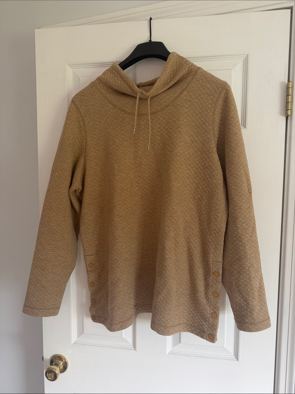 L.L. Bean Quilted Cowl Neck Pullover Sweater in Camel